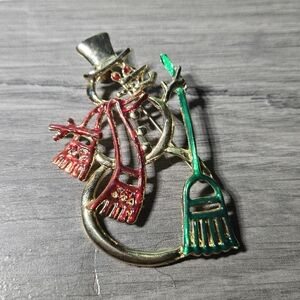 Festive Snowman Brooch with Scarf and Broom